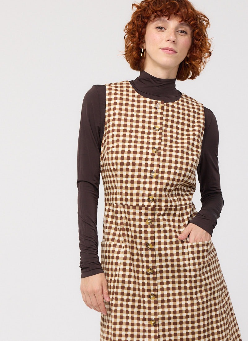 Ashley Gingham Boat Neck Mini Dress - Brown