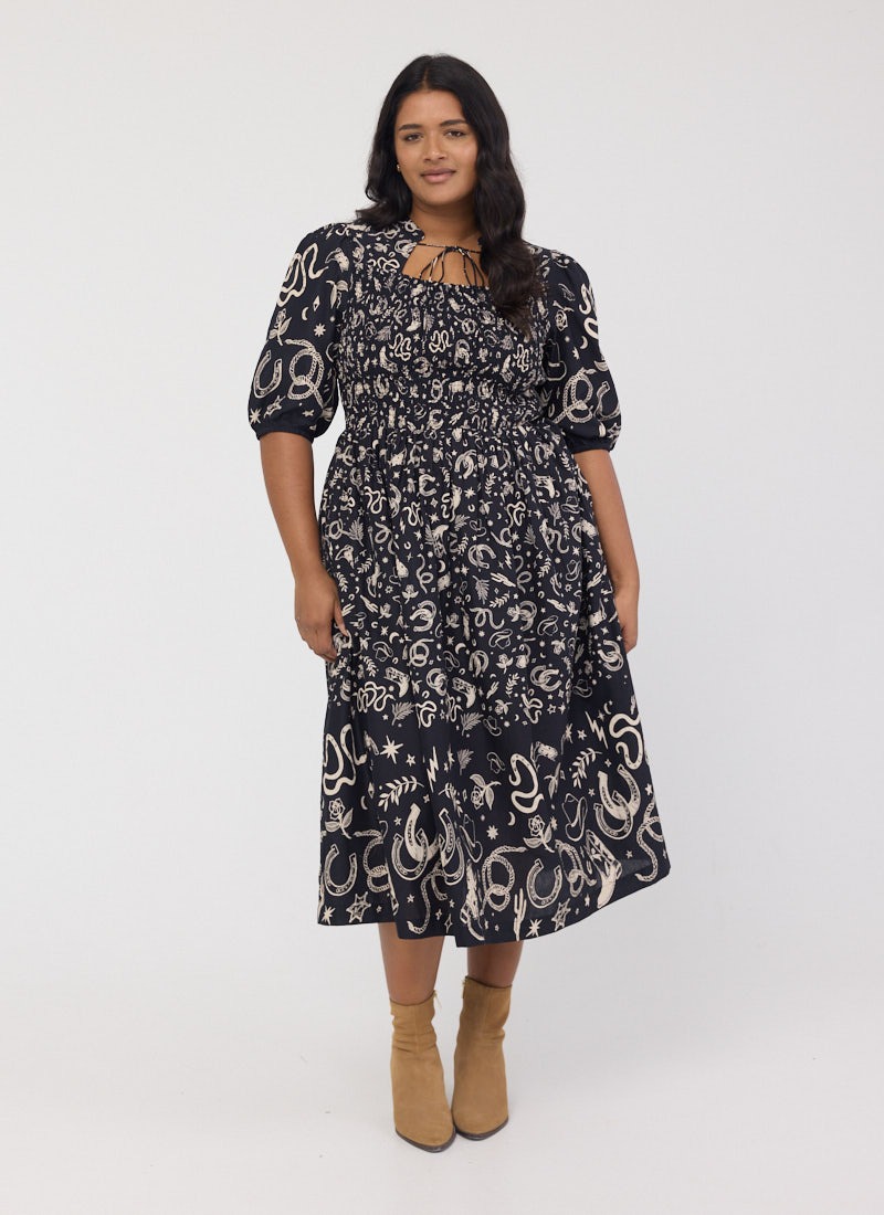 Jesse Western Print Tie Neck Midi Dress - Black