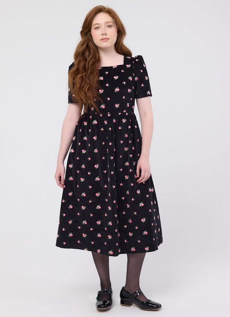 Aerona Floral Embroidered Corduroy Midi Dress