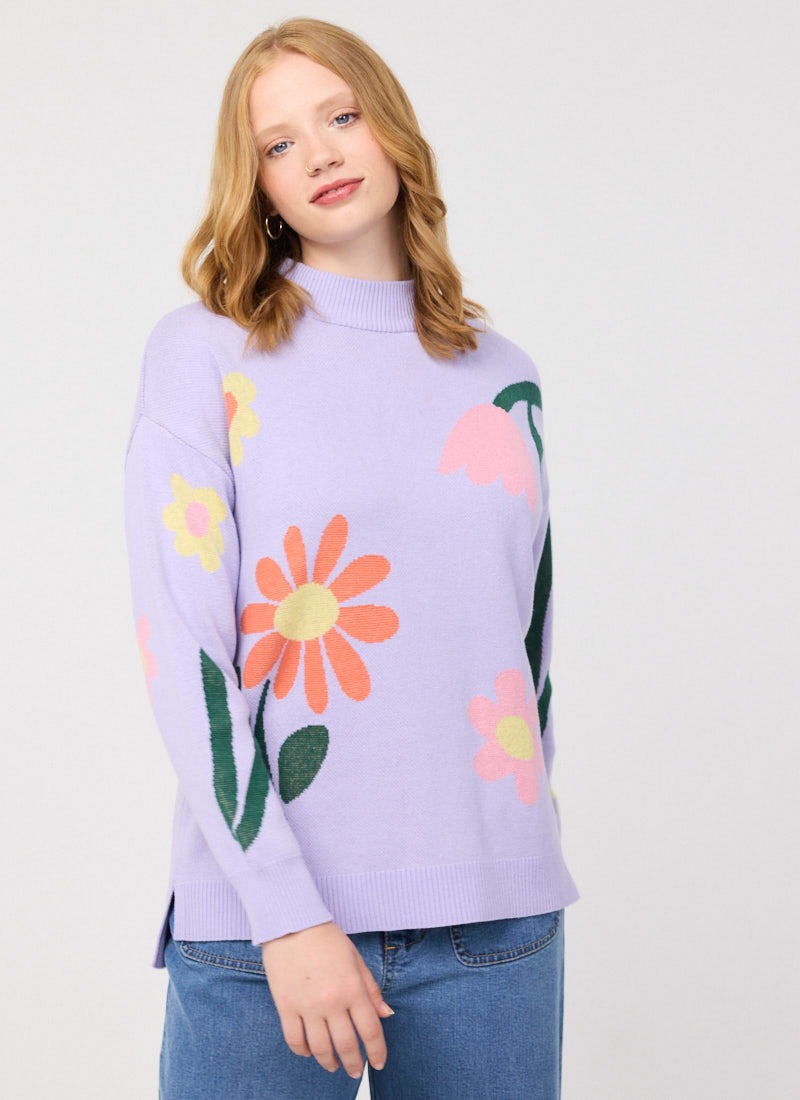 Shiloh Floral Placement Intarsia Oversized Knitted Jumper - Lavender