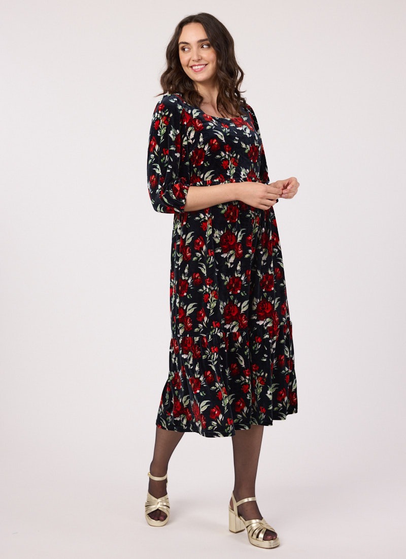 Candi Floral Print Velvet Midi Dress