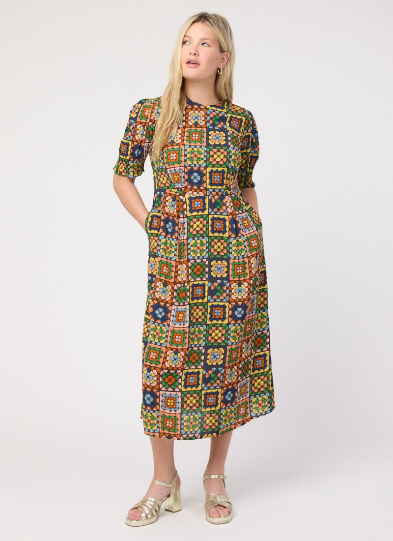 Flora Granny Square Print Puff Sleeve Midaxi Dress