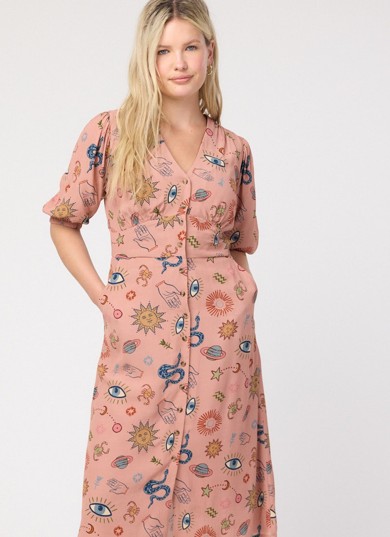Rebecca Mystical Print Puff Sleeve Midi Dress