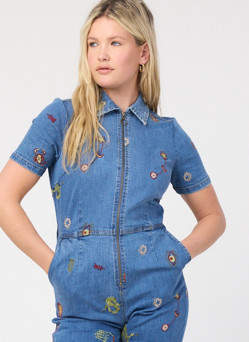 Robin Embroidered Denim Short Sleeve Boilersuit