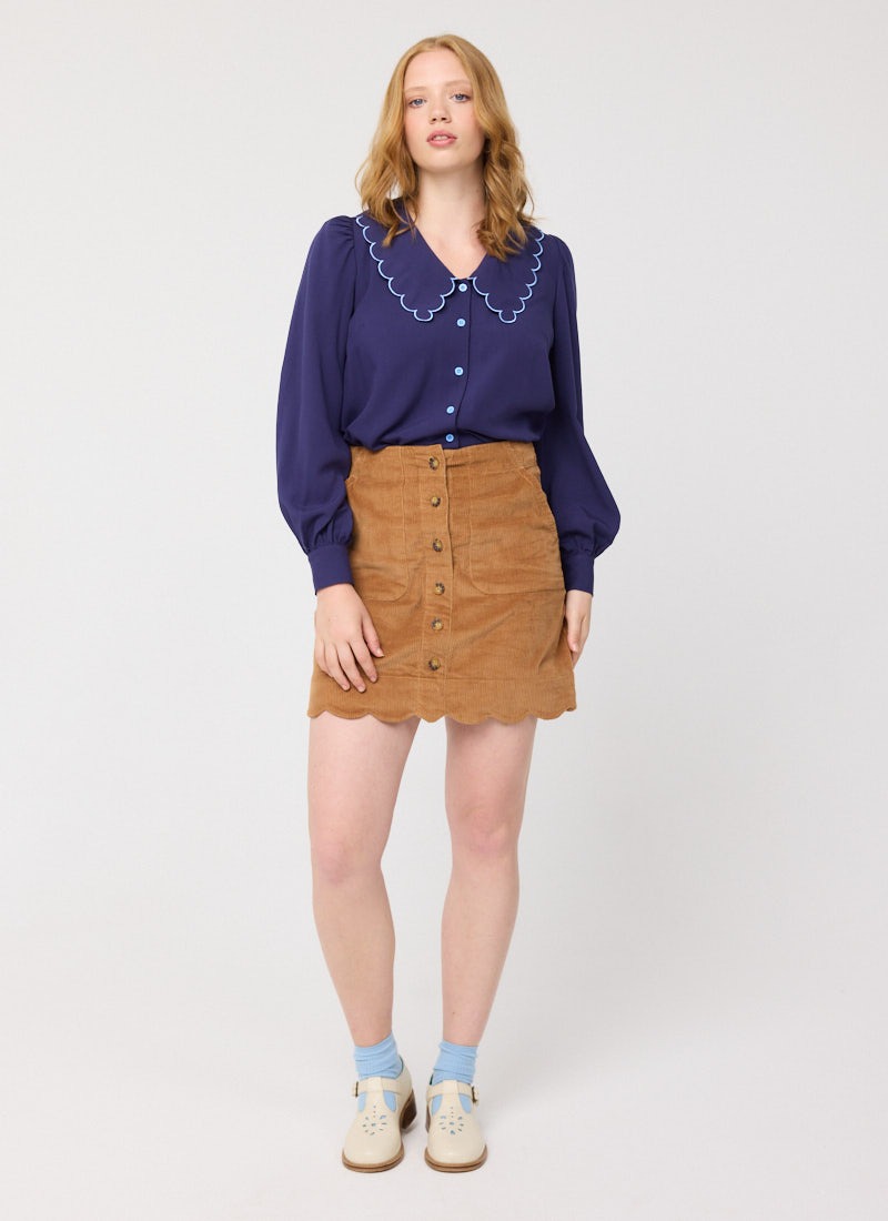 Sarah Scallop Hem A-Line Corduroy Mini Skirt - Brown