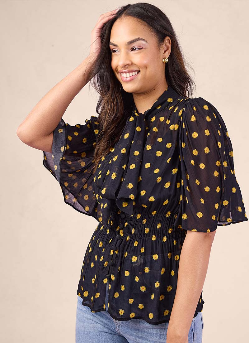 Celia Birtwell X Joanie - Sunfloral Sheer Angel Sleeve Pussy Bow Blouse