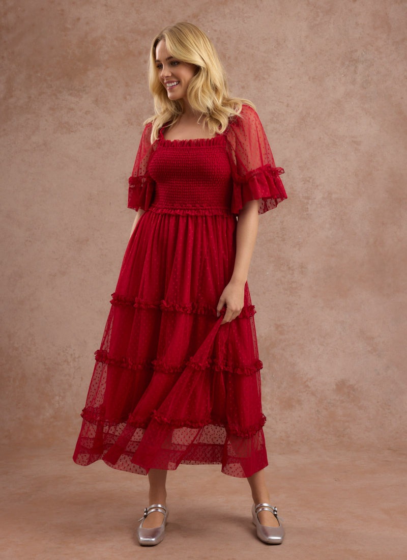 Jemima Square Neck Polka Dot Mesh Dress - Scarlet