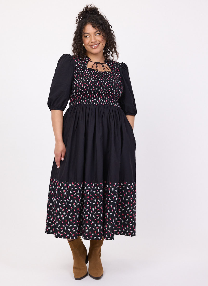 Jesse Ditsy Floral Print Tie Neck Midi Dress