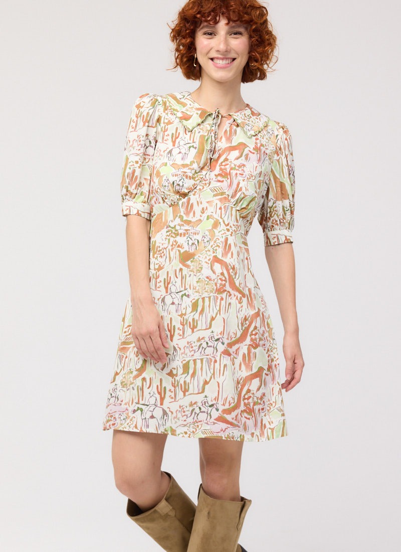 Hattie Painterly Western Print Tie Neck Mini Dress