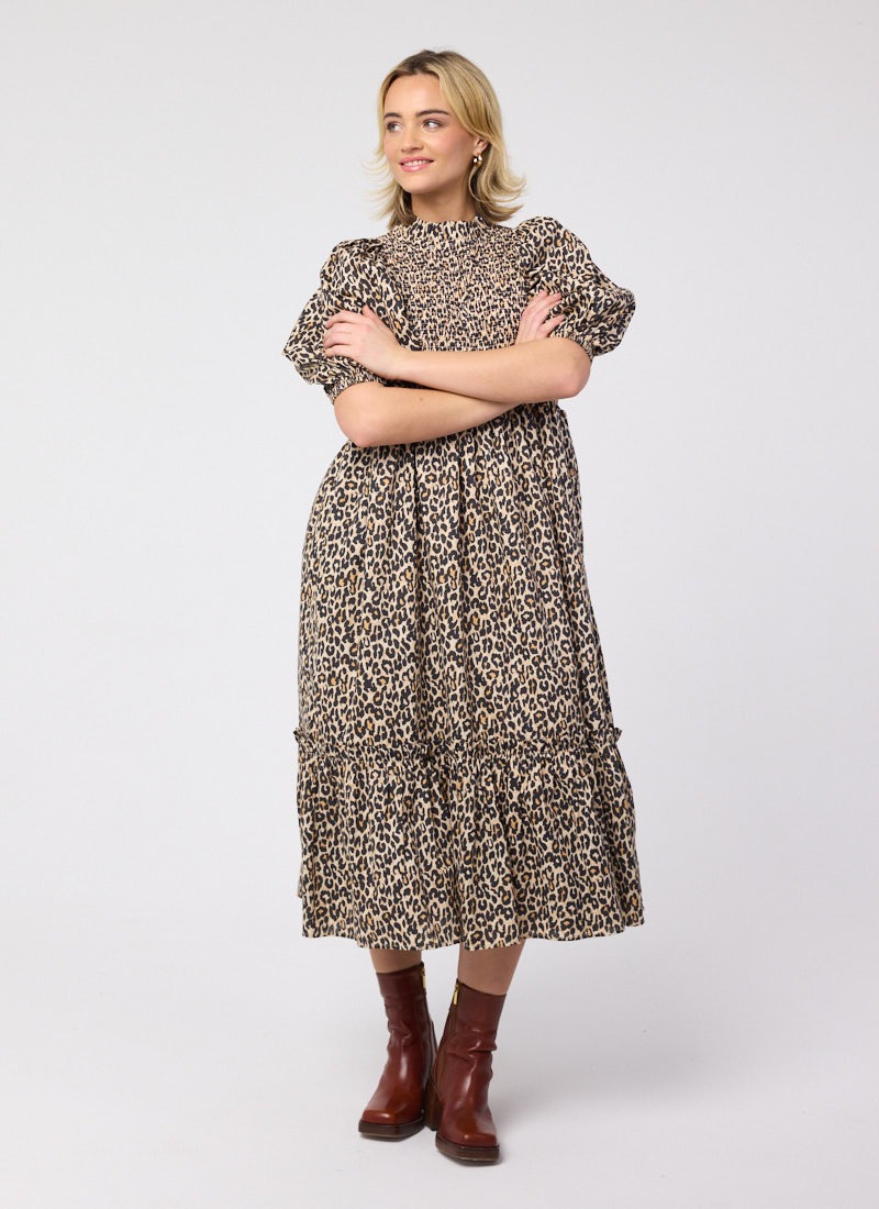 Priya Leopard Print Puff Sleeve Midi Dress