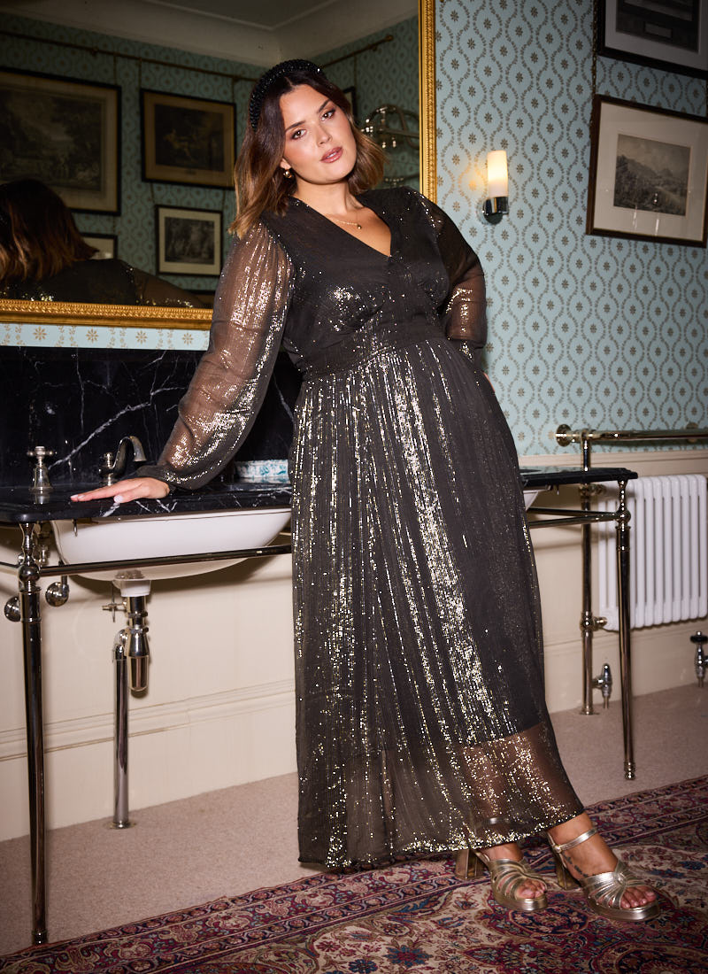 Gaia Gold Lurex V-Neck Midaxi Dress