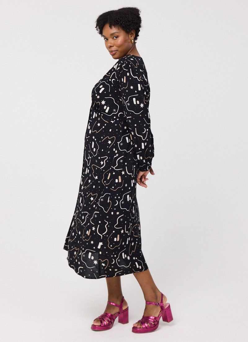 Sandra Cosmic Space Print Long Sleeve Midi Dress
