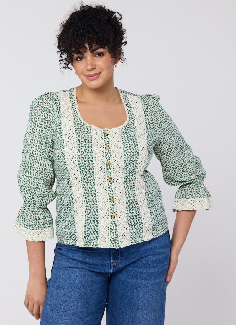 Teagan Sage Floral Print Crochet Trim Blouse