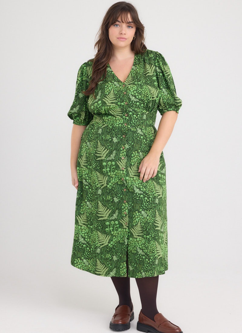 Rebecca Leafy Forest Print Puff Sleeve Midi Dress