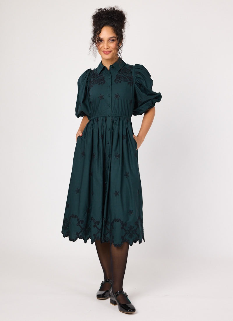 Rachida Embroidered Western Shirt Dress - Green