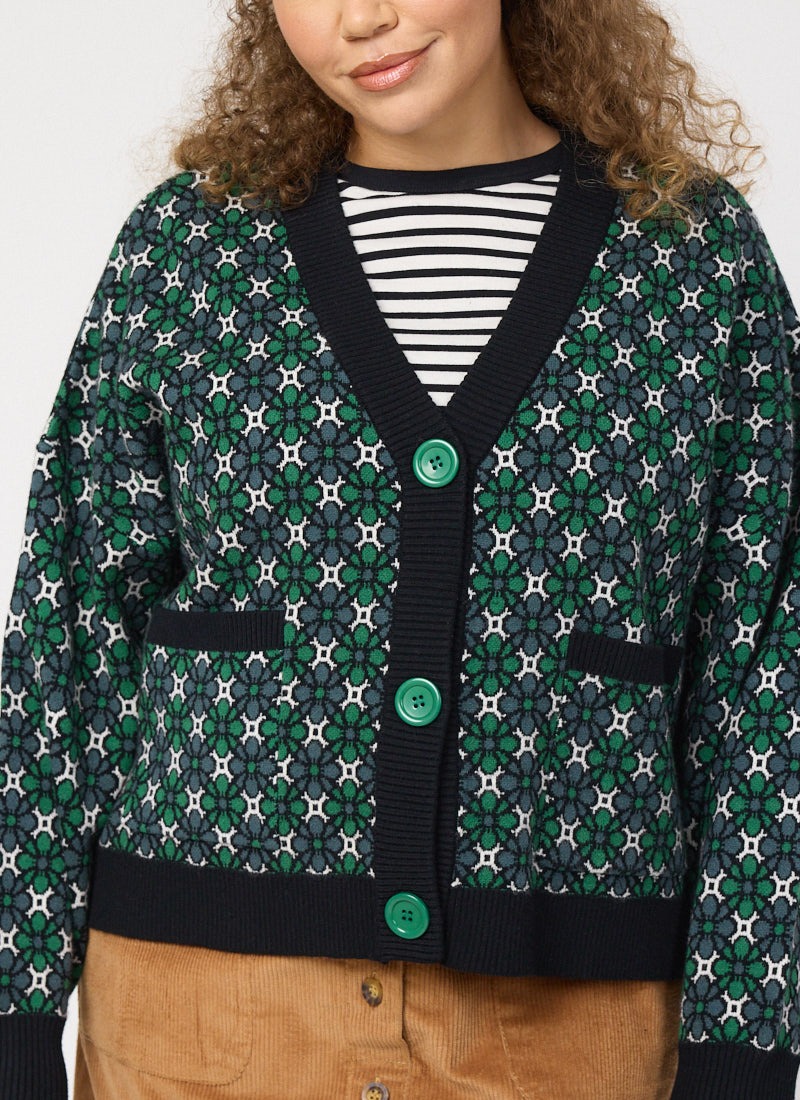 Lovelace Green Geometric Intarsia Oversized Cardigan
