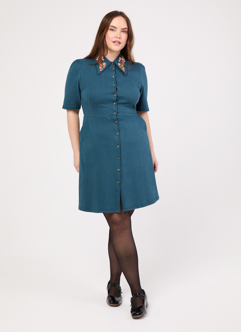 Jada Embroidered Collar Jersey Shirt Dress - Teal
