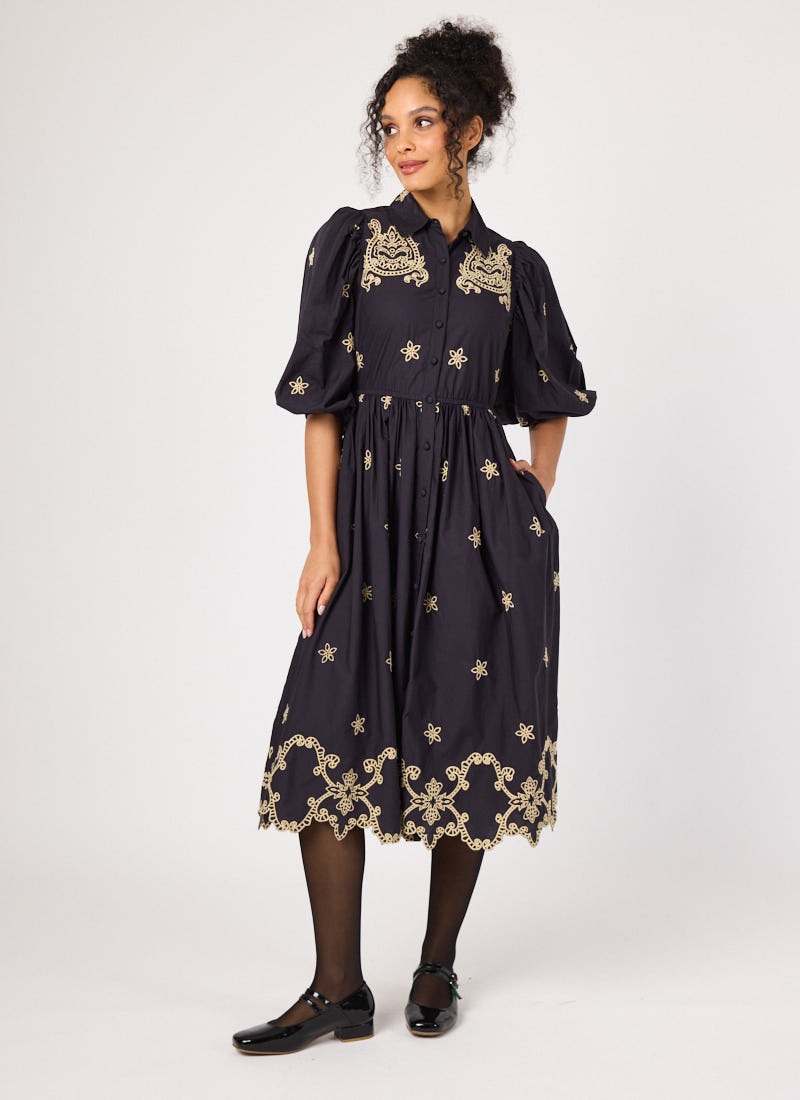 Rachida Embroidered Western Shirt Dress - Black