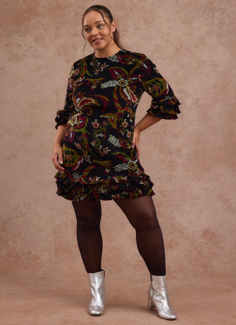 Bellisima Paisley Print Velvet Ruffle Mini Dress