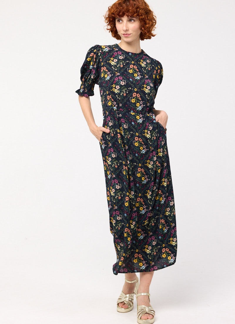Flora Patchwork Floral Print Puff Sleeve Midaxi Dress