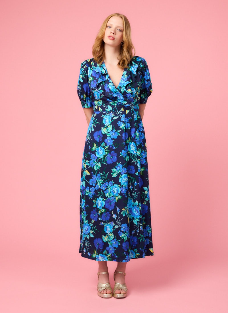 Adel Blue Floral Print Ruffle Collar Wrap Dress