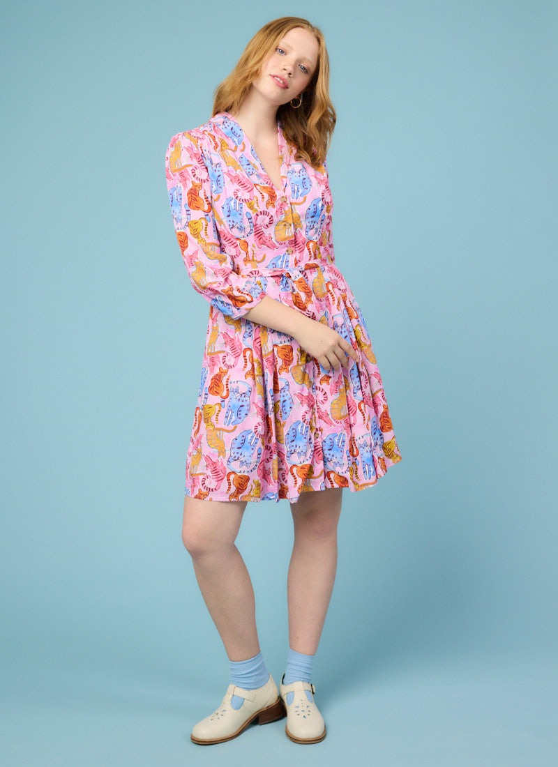 Barbara Painterly Cat Print Button-Through Dress