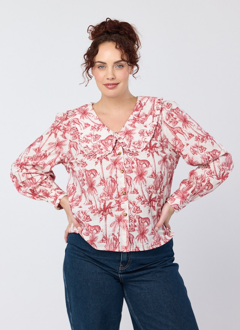 Alba Jungle Toile Print Peter Pan Collar Blouse