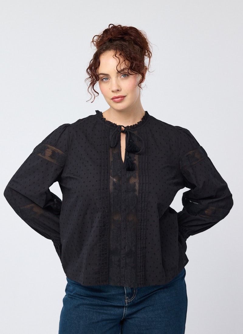 Florence Tie Neck Dobby Blouse - Black