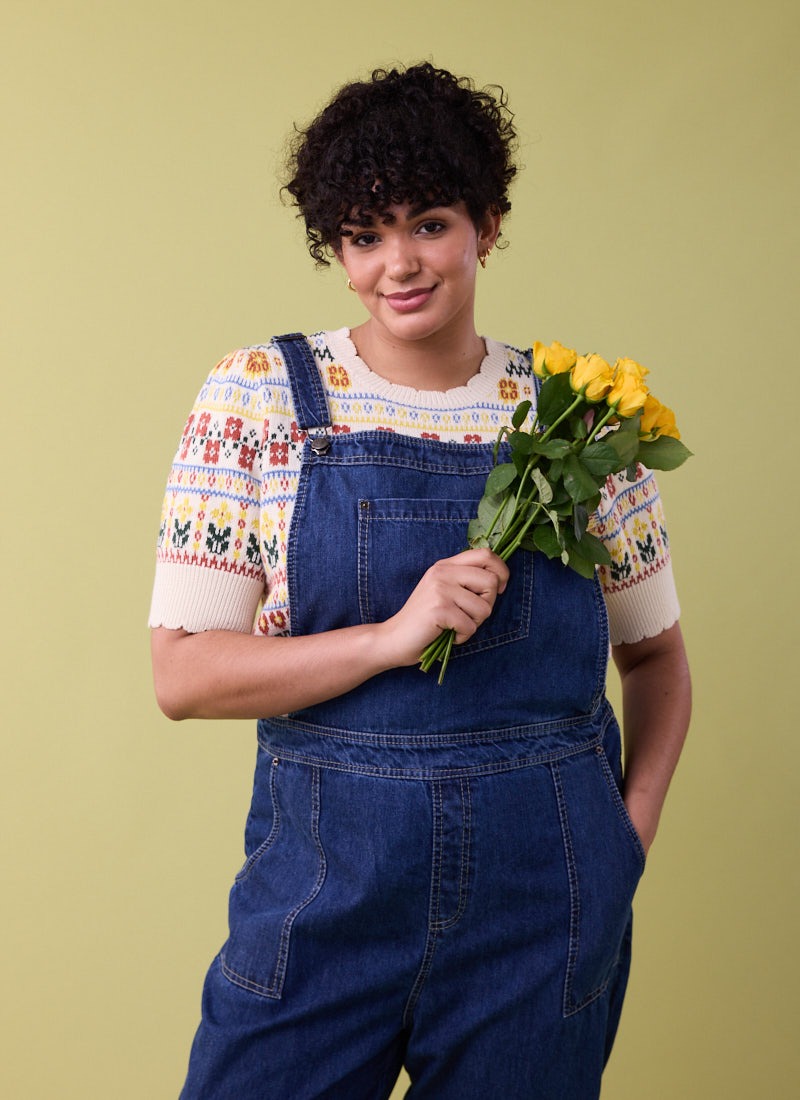 Clare Fair Isle Scalloped Short Sleeve Knitted Top - White