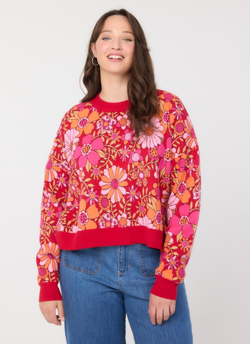 Javan Red Deckchair Floral Intarsia Knitted Jumper