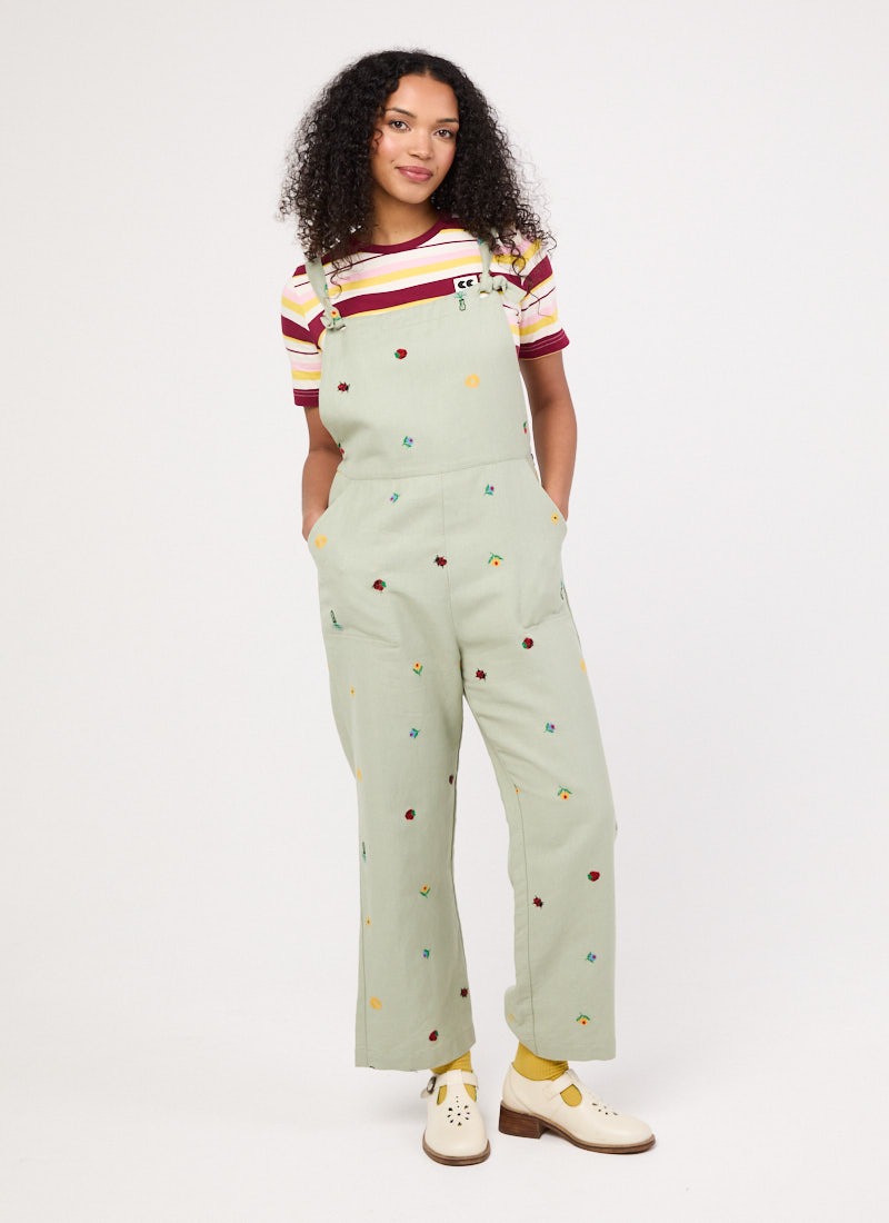 Rachel Embroidered Tie Strap Dungarees - Sage