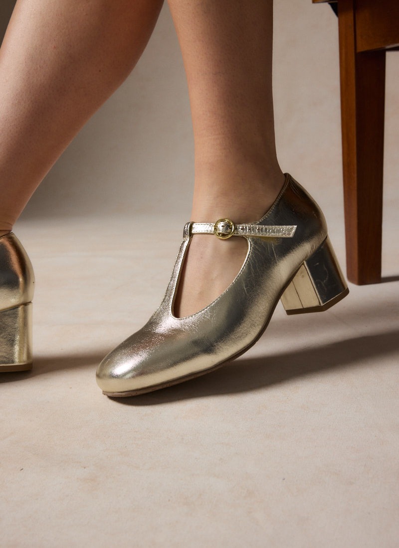 Lille Metallic Leather T-Bar Dolly Shoes - Gold