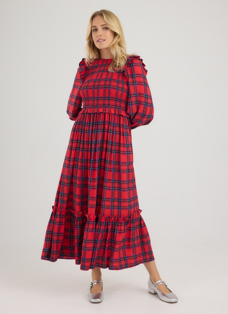 Finn Tartan Print Midaxi Dress - Red