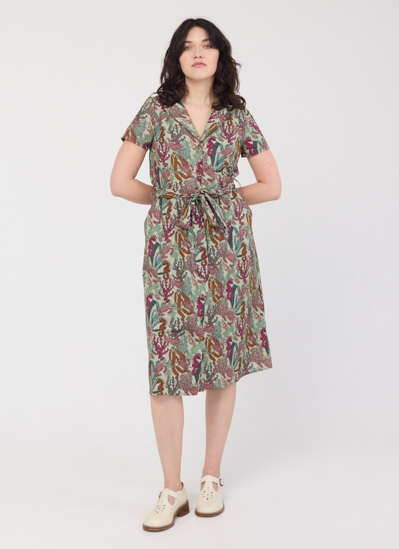 Santorini Sea Life Print Belted Midi Dress