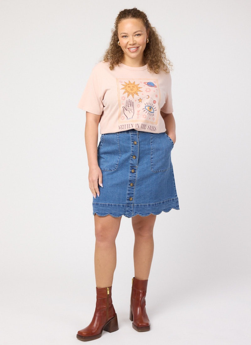 Sarah Scallop Hem A-Line Denim Mini Skirt