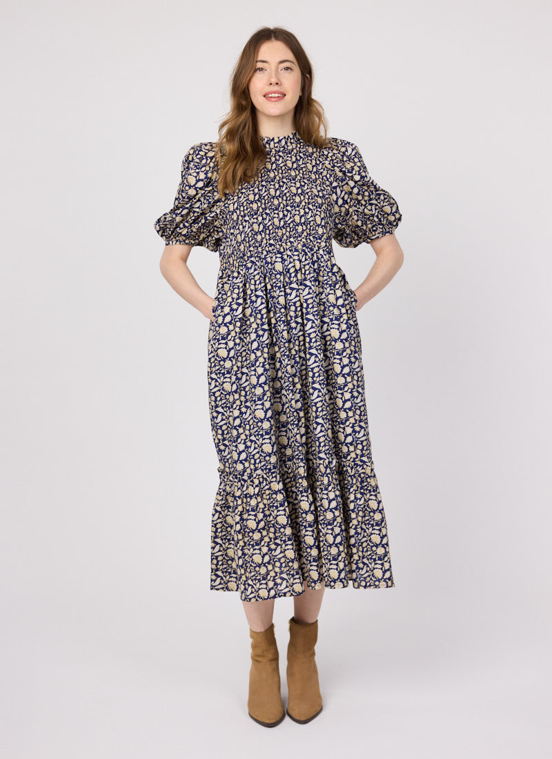Priya Navy Floral Print Puff Sleeve Midi Dress