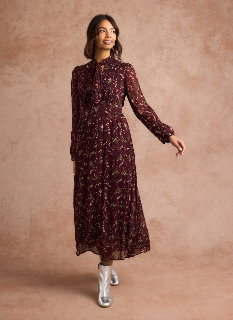 Lavinia Floral Print Pussybow Midaxi Dress - Burgundy