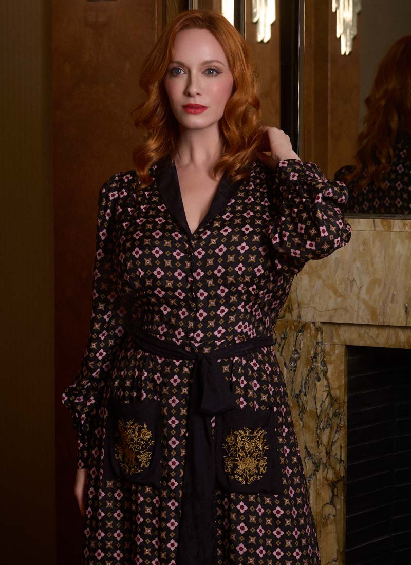 Christina Hendricks X Joanie - Vetiver Foulard Print Smoking Jacket Midi Dress