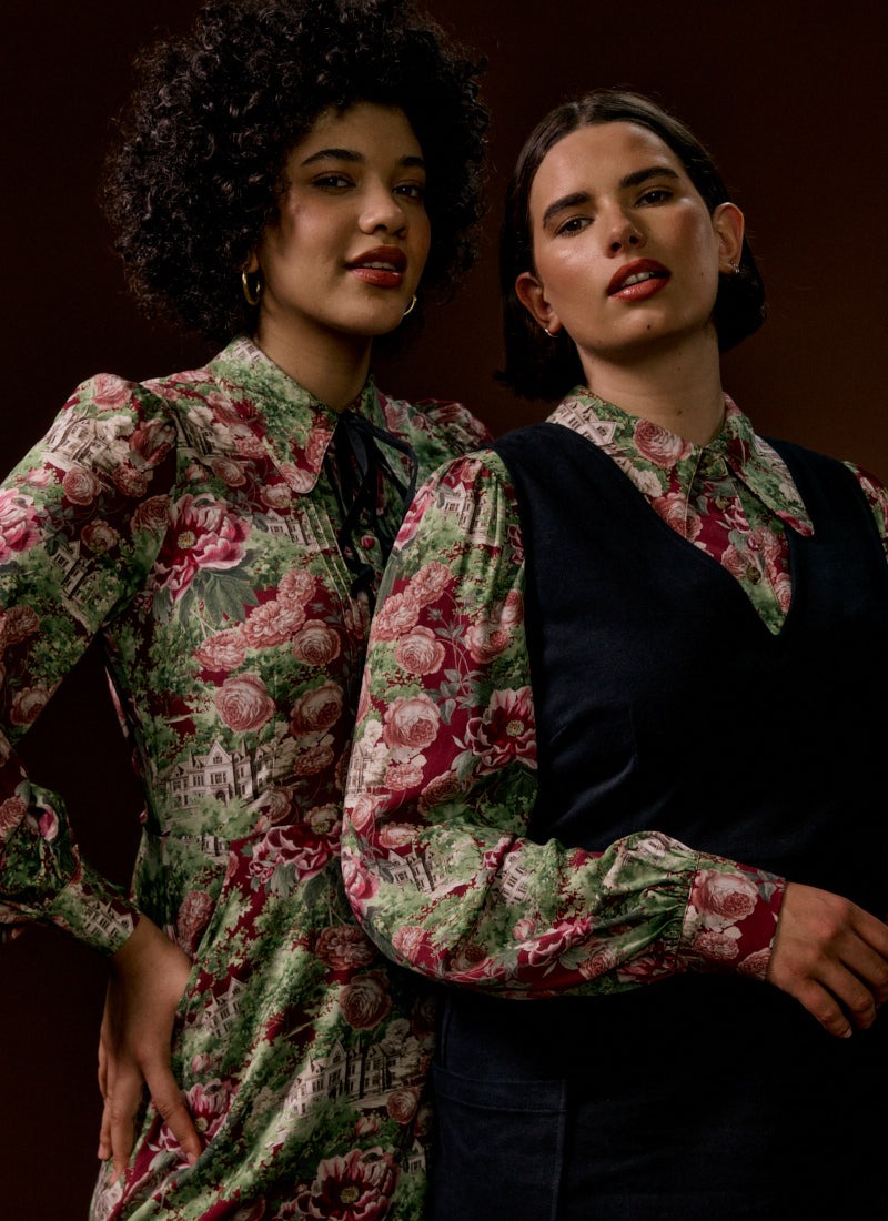 Paulina Gothic Manor House Print Tie Neck Mini Dress