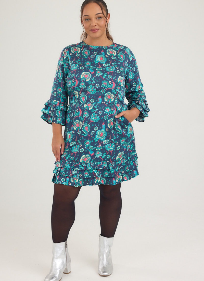 Caroline Floral Bird Print Ruffle Mini Dress