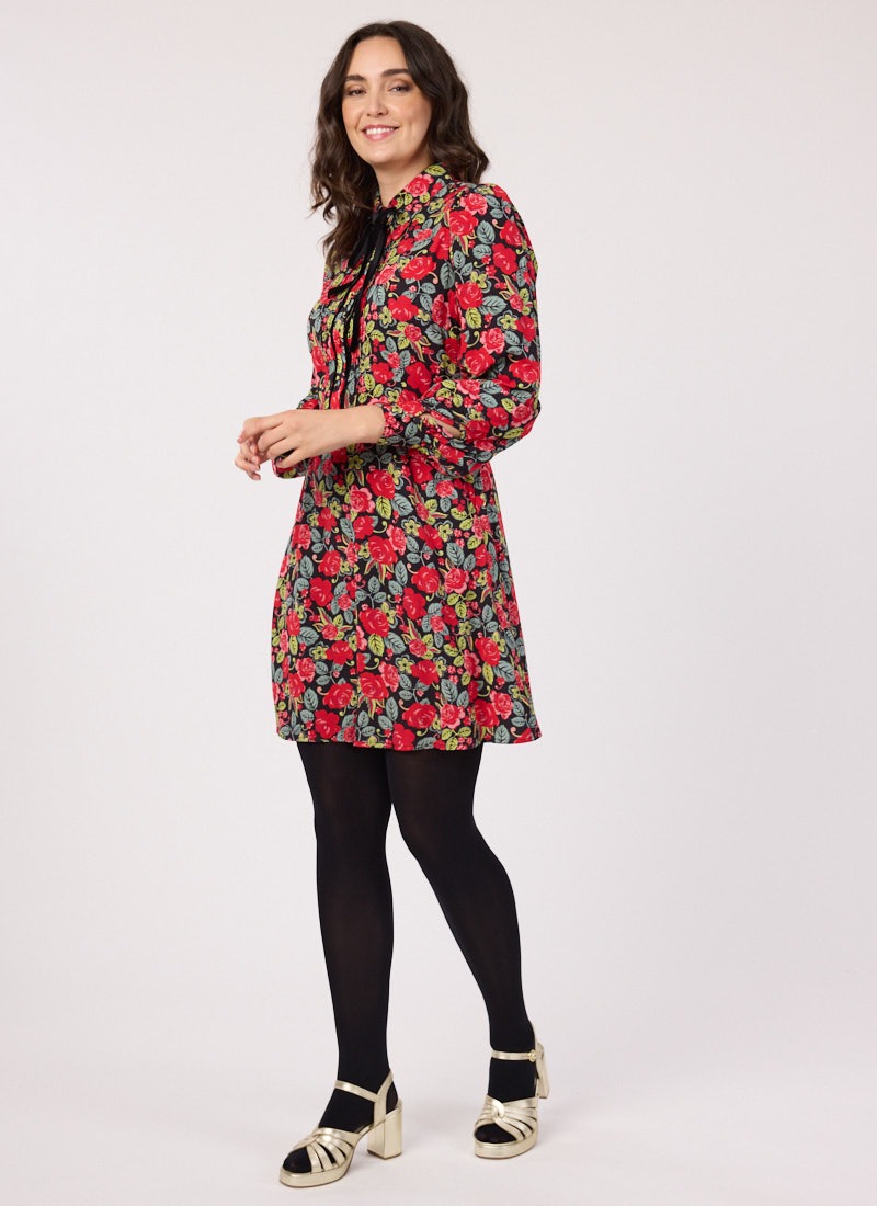 Paulina Antique Rose Print Tie Neck Mini Dress