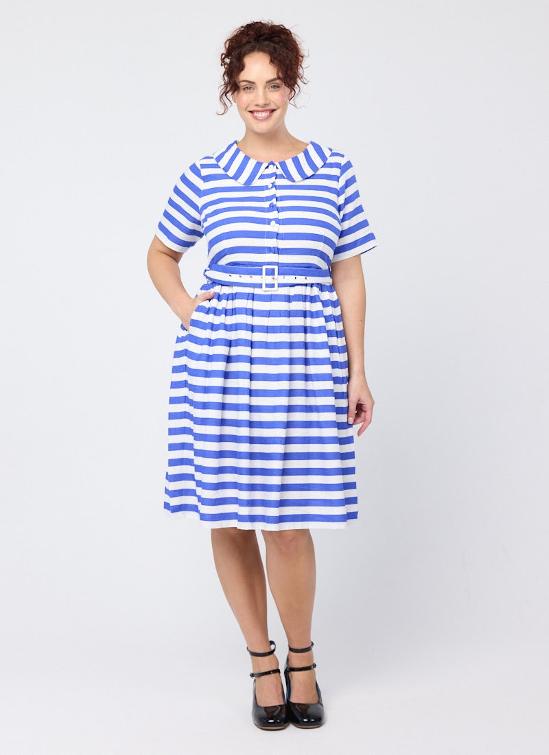 Jean Stripe Print Collared Sundress - Blue