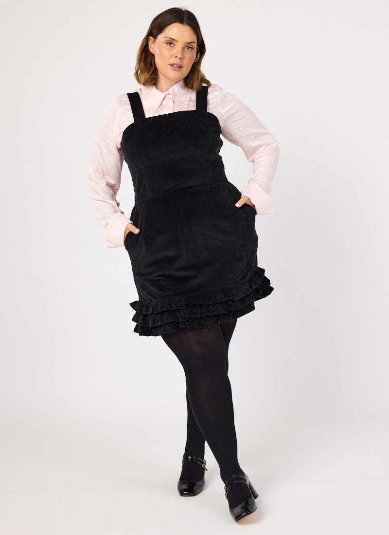 Gertie Square Neck Velvet Ruffle Pinafore Dress