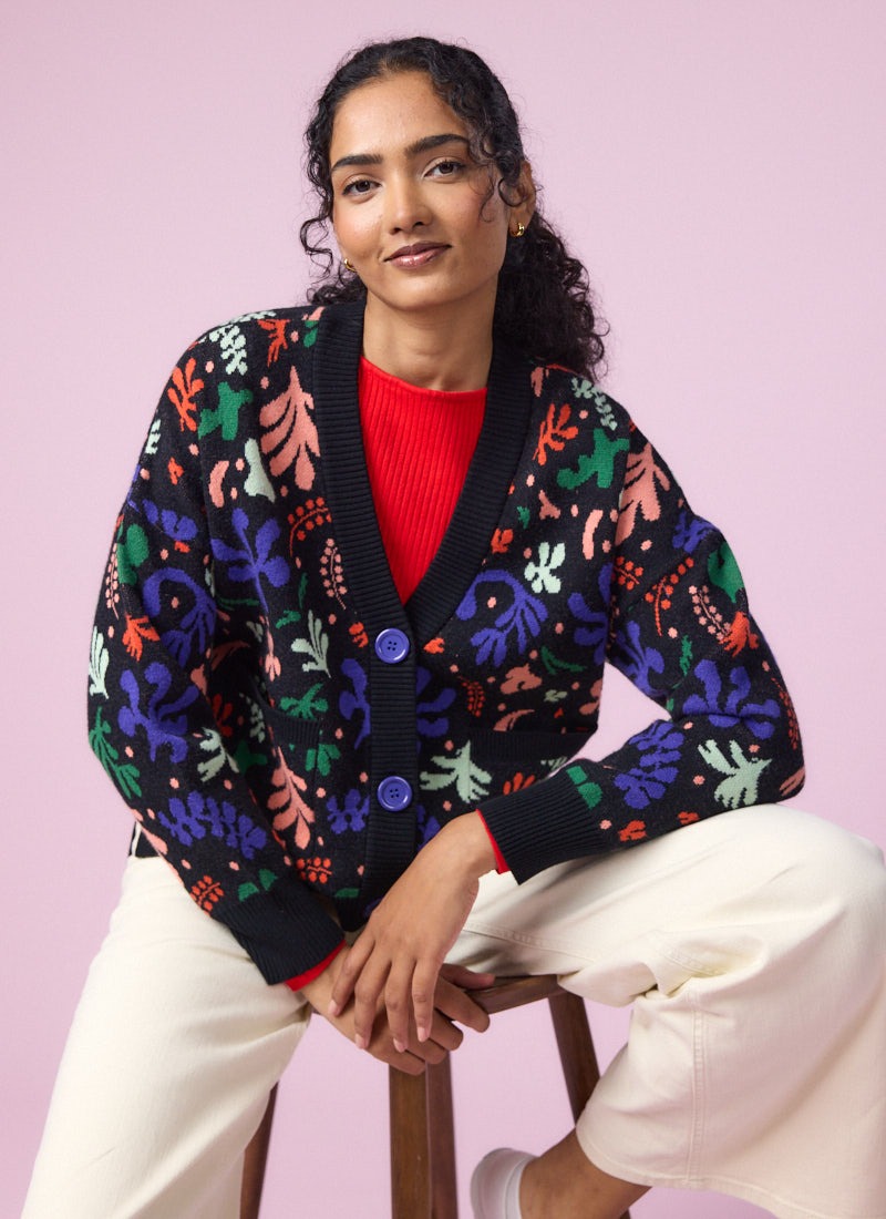 Lovelace Modern Art Cut Out Intarsia Oversized Cardigan