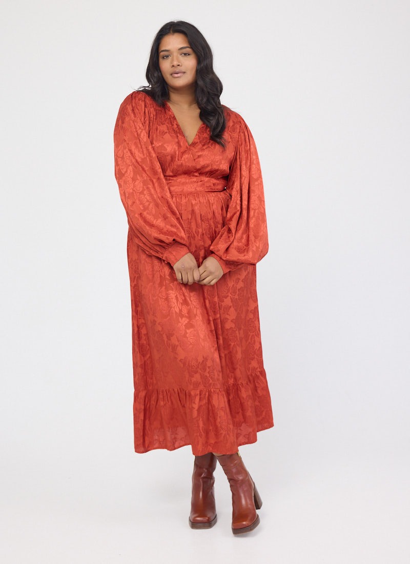 Victoria Floral Damask Balloon Sleeve Midaxi Dress - Clay