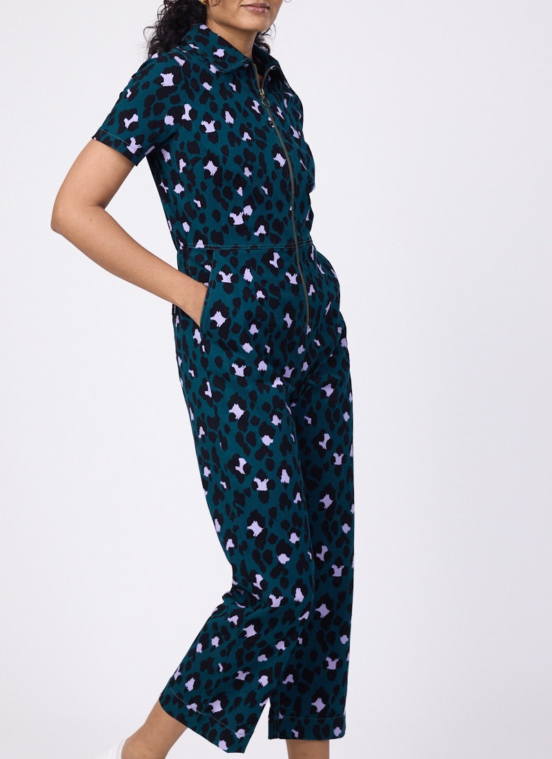 Robin Leopard Print Short Sleeve Boilersuit - Green