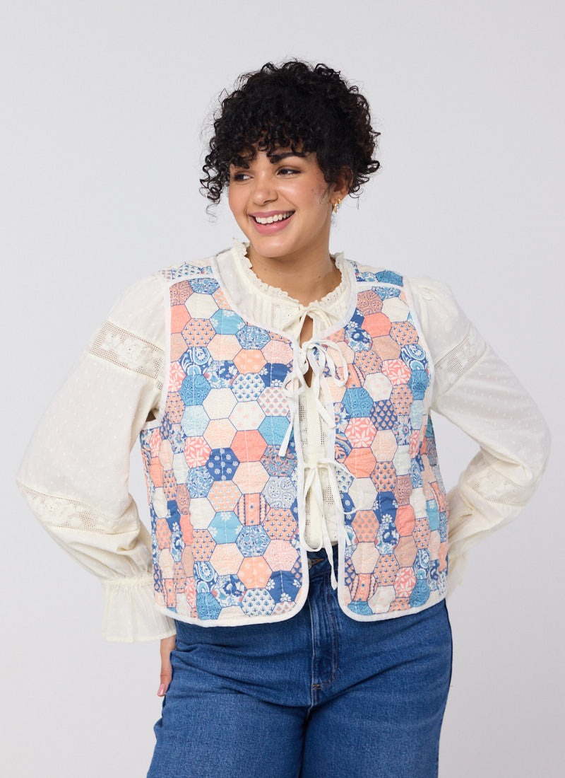 Giselle Patchwork Print Quilted Tie Front Gilet