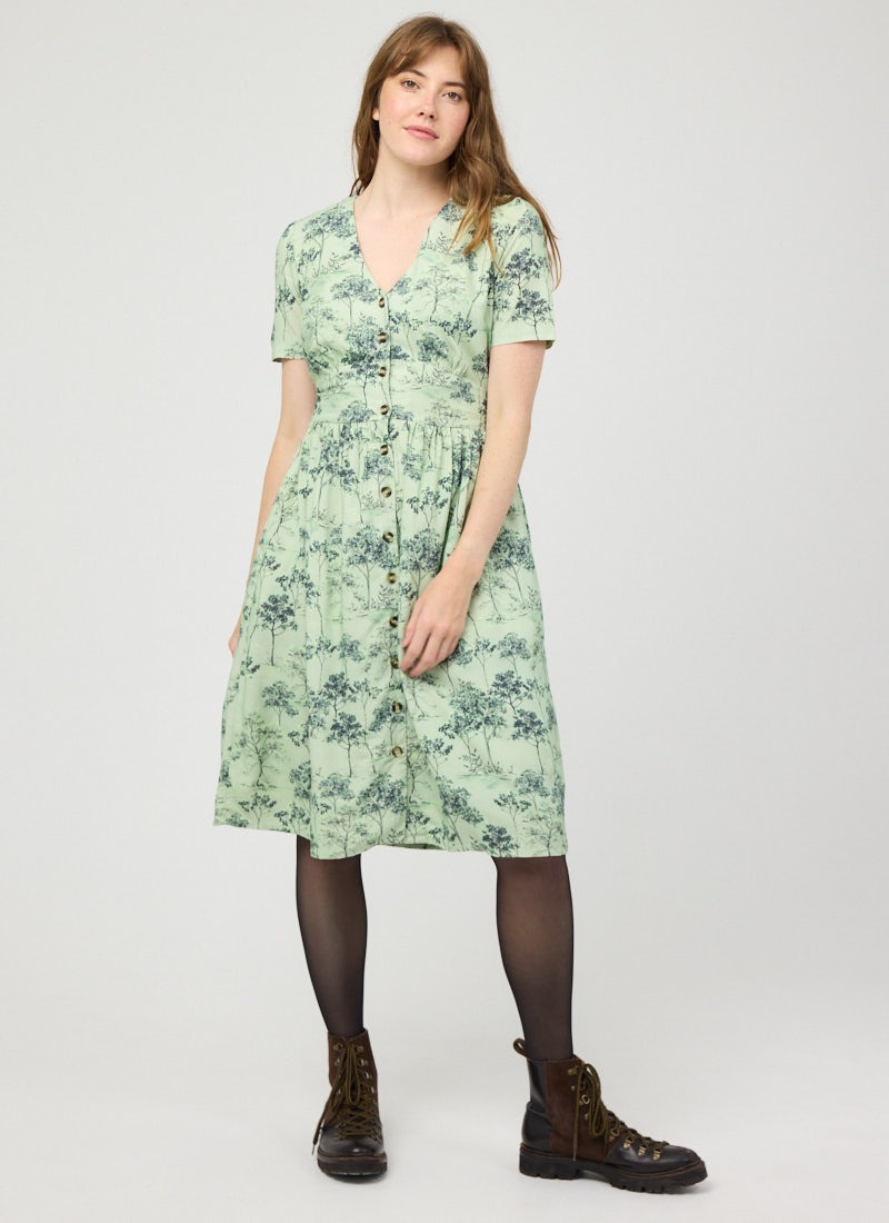 Natalie Tree Print Button-Down Tea Dress