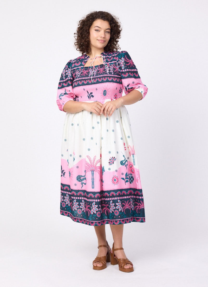 Jesse Palm Tree Print Tie Neck Midi Dress