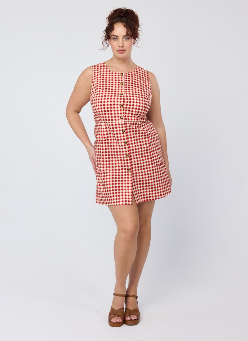 Ashley Gingham Boat Neck Mini Dress - Red